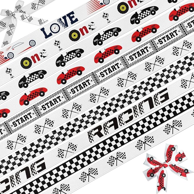 10 Pack Racing Checkered Ribbon Set, 3/8" x 3 Yards Each Grosgrain Ribbons, Car Theme Variety Patterns for Party Decorations, DIY Crafts, Hair Bows, Gift Wrap