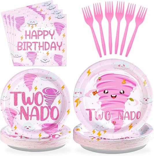 Grencian 96Pcs Two Nado Party Supplies Pink Tornado 2nd Birthday Plates and Napkins Tableware Sets Two Nado Party Decorations Favors for Girls Baby Shower 2 Year Old Birthday Supplies Serves 24