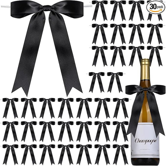 YGDZ Black Bows 30PCS, Satin Ribbon 5x7'' Large Black Bow for Champagne Bottle Wrapping, Balloons, Twist Tie Bows Decorations for Party, Cake, Craft, Gift