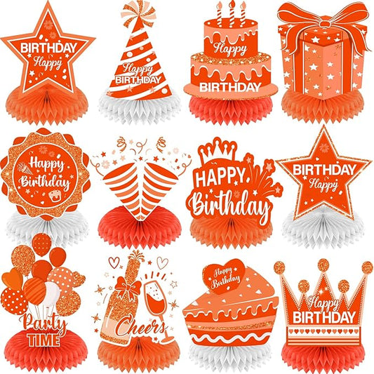 12Pcs Orange Birthday Decorations Honeycomb Centerpieces for Men Women Kids, Orange Happy Birthday Table Centerpieces for Adult Boys Girls Birthday Party Table Topper Sign Decor Supplies