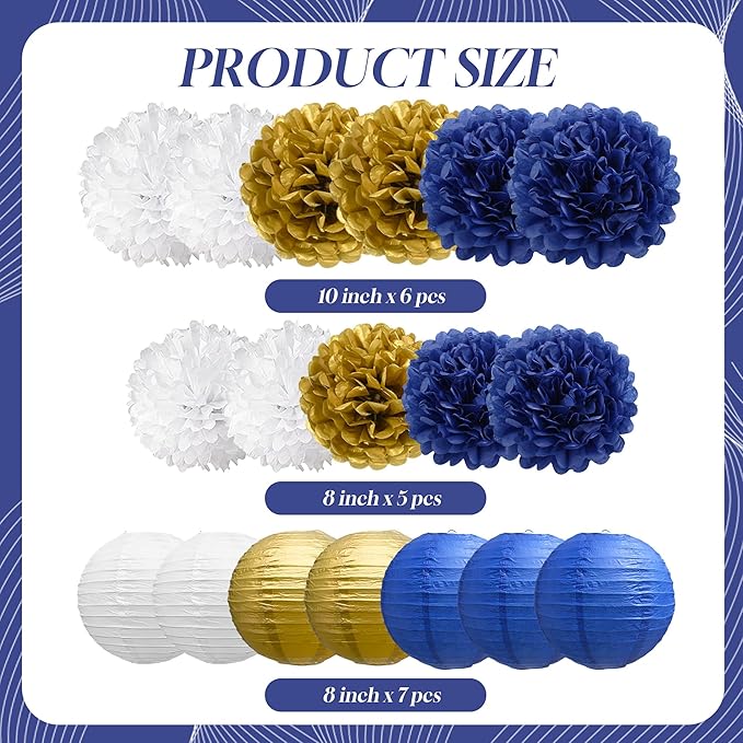 BEISHIDA Blue Gold Tissue Hanging Paper Flowers Lanterns Party Decorations Set for Birthday Graduation Baby Shower Bridal Bachelorette Wedding Photo Booth Backdrops Party Supplies(18 Packs)