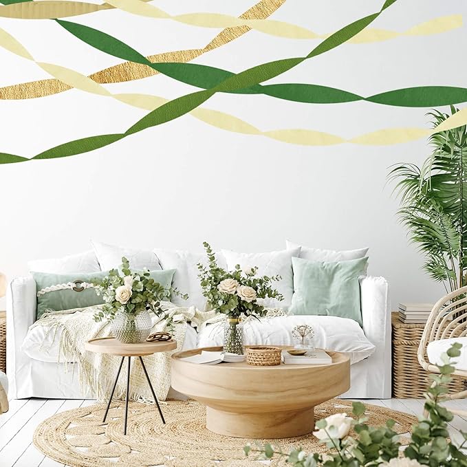 Birthday Party Decorations, Green Gold Crepe Paper Streamers Party Decorations(5 Rolls) for Camp Bachelorette, Baby Shower, Bridal Shower, Engagement- Wild Jungle Woodland Safari Forest Theme Decor