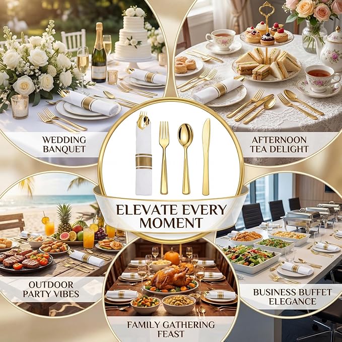 Liacere 100Pack Pre Rolled Gold Silverware and Napkin-Disposable Gold Plastic Utensils-Wrapped Plastic Cutlery Set with Napkin:100 Forks,100 Knives,100 Spoons,100 Napkins for Wedding & Graduation