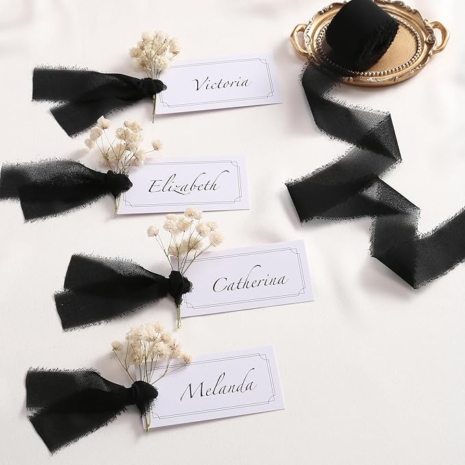 DORIS HOME Black Chiffon Ribbon for Flower Bouquet, 1" x21Yd Fabric Ribbon for Gift Wrapping, Handmade Frayed Ribbon for Wedding Invitations/Christmas Decorations