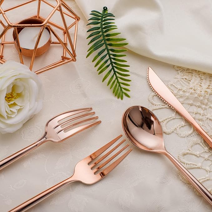 SUT 150Pcs Rose Gold Plastic Silverware, Disposable Cutlery Set, Heavy Duty Plastic Flatware Set，Disposable Rose Gold Utensils Include 50 Forks,50 Spoons, 50 Knives Perfect for Party