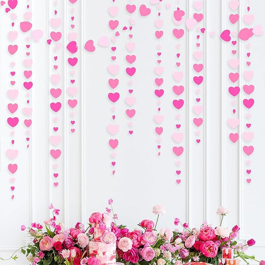Valentines Day Party Decorations Hot Pink White Hanging Paper Heart Garland Streamer for Birthday Bachelorette Engagement Wedding Bridal Shower Anniversary Minnie Flamingo Pink Girl Party Supplies