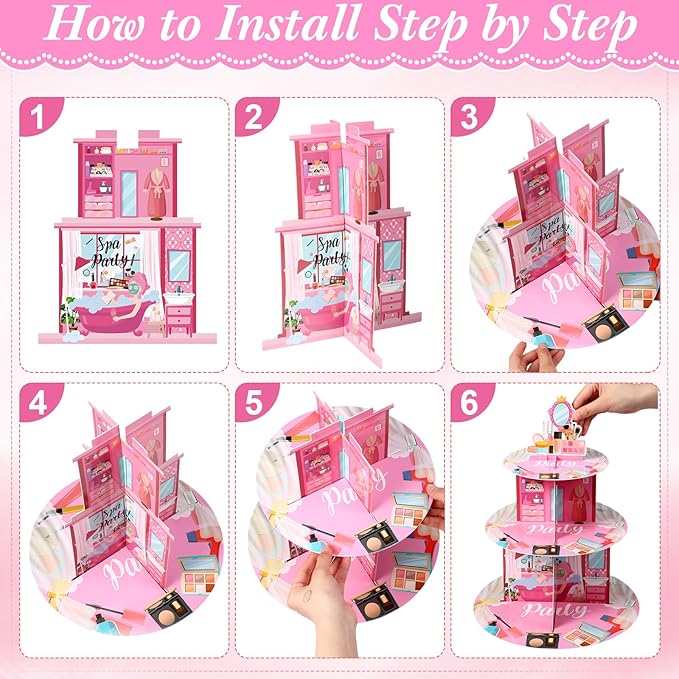 Censen Spa Party Cupcake Stand Party Decorations 3 Tier Spa Cake Stand Holder DIY Spa Makeup Theme Cardboard Dessert Tower for Girls Princess Pink Bridal Baby Shower Birthday Party Supplies