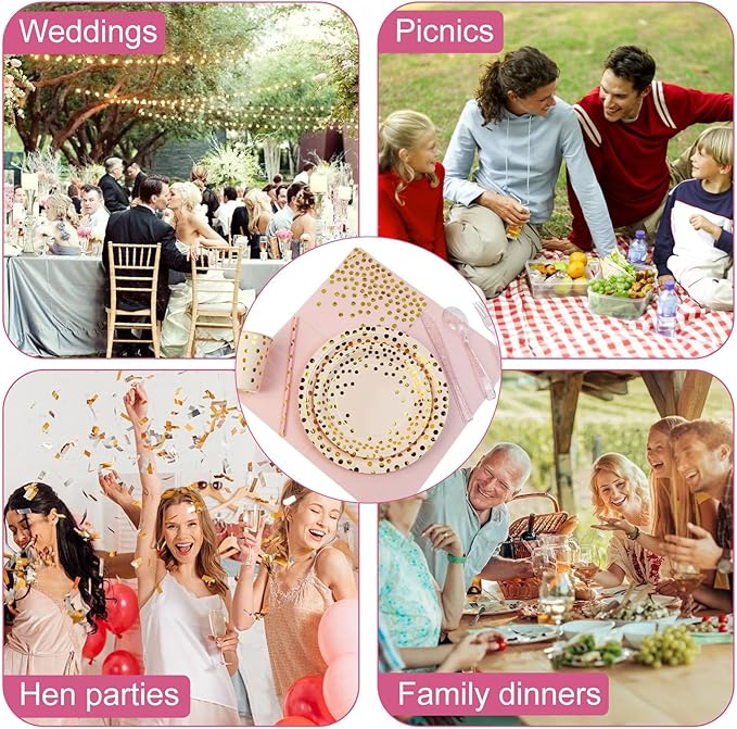 Party Supplies 402pcs Pink & Gold Plates and Napkins Sets - Disposable Dinnerware Sets for 50 Guests with Paper Plates Cups Straws Plastic Cutlery 2 Tablecloths - Bridal Shower Birthday Wedding