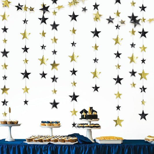 Cheerland 156ft Graduation Party Decorations Star Garland Black Gold Hanging Paper Twinkle Stars Streamer Grad Banner Wedding Backdrop for Starry Night Birthday Congrats Grad Class of 2026 Party Decor