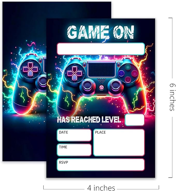 Gaming Themed Birthday Invitations – 20 Invitation Cards 4"x6" with Envelopes.(009)