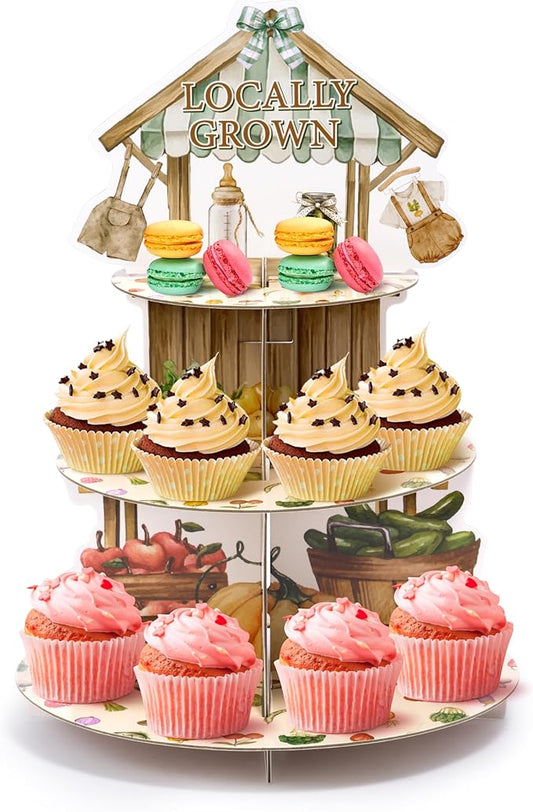 Locally Grown Baby Shower Cupcake Stand - 3 Tier Farmers Market Theme Cupcake Holder Vegetable Fruit Garden Baby Shower Dessert Cake Tower Displays for Kids Birthday Gender Reveal Party Decor
