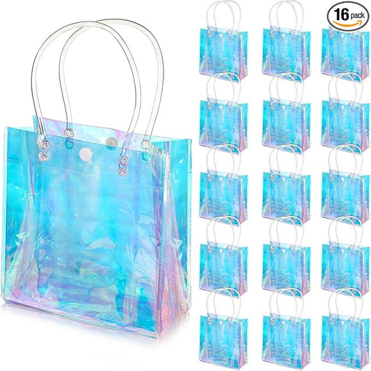 Sherr 16 Pcs Holographic Small Gift Bag Reusable Iridescent Clear Bags for Women PVC Plastic Goodie Holder with Handles for Shopping Christmas Holiday Gift Party Favor(5.91" x 6.3" x 2.76",Rainbow)
