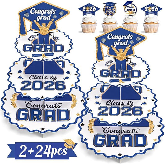 jollylife 2 Set Blue and Gold Graduation Decorations Class of 2026 Cupcake Stand, 3-Tier Cardboard Congrats Grad Tower Plus 24 Cake Toppers Party Supplies Decor(Assembly Needed)