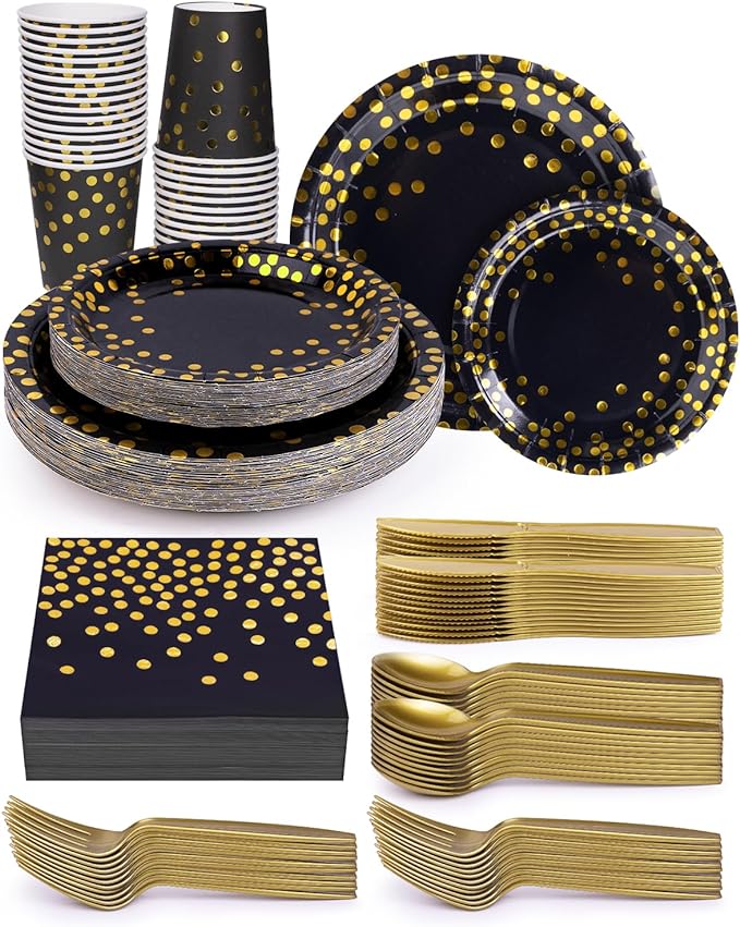 224 Pieces Party Supplies, Black and Gold Party Plates Cups and Napkins Sets with Plastic Knives forks spoons, Disposable Tableware Serves 32 Sets for Wedding, Birthday, Graduation, Festivals