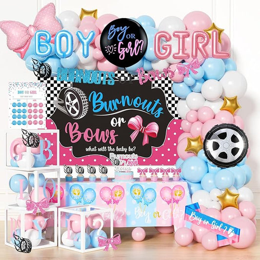 Hombae Burnouts or Bows Gender Reveal Decorations Kit - 171 Pcs Boy or Girl Gender Reveal Party Supplies with Backdrop, Balloons & Confetti for Baby Shower