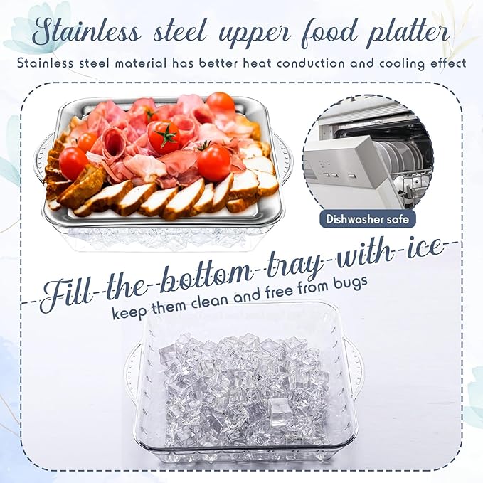 Baderke 2 Set 9" Chilled Serving Tray for Parties with Compartments Ice Chilled Party Platter Charcuterie Serving Board Cold Dish Dip with Forks Tongs for Fruit Seafood Vegetable Appetizer(Silver)