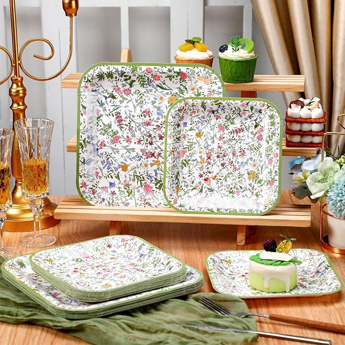 Umigy 100 Pcs Paper Plates Flower Dinner 9'' Floral Disposable Paper Plates 7'' Square Dessert Set for Dinner Birthday Wedding Baby Shower Party Tableware(Green,Wildflower)