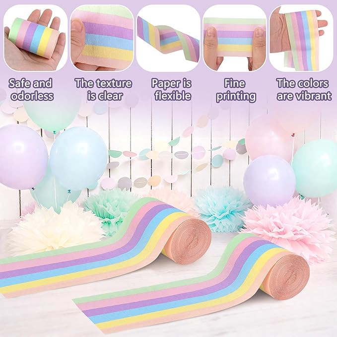 Tlswshsy 8 Rolls Pastel Crepe Paper Streamers, 6 Colors Easter Paper Streamer Decoration, 262 ft Red Macaron Crepe Streamer Rolls for Wedding Birthday Baby Shower Party Decor DIY Crafts