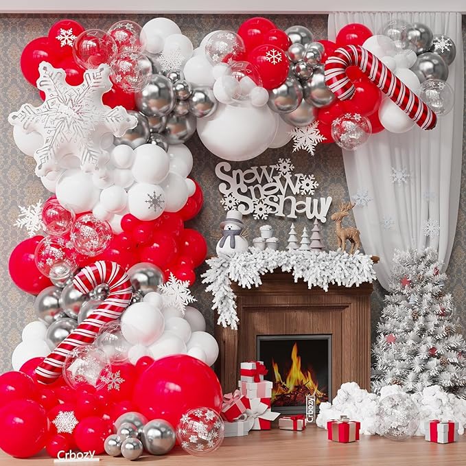 144Pcs Christmas Balloon Arch Garland Kit, Red White Silver Transparent Snowflake Latex Balloons with Candy Cane Foil Balloons for Christmas Winter Wonderland Baby Shower Birthday Party Decorations