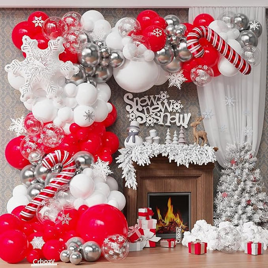 144Pcs Christmas Balloon Arch Garland Kit, Red White Silver Transparent Snowflake Latex Balloons with Candy Cane Foil Balloons for Christmas Winter Wonderland Baby Shower Birthday Party Decorations