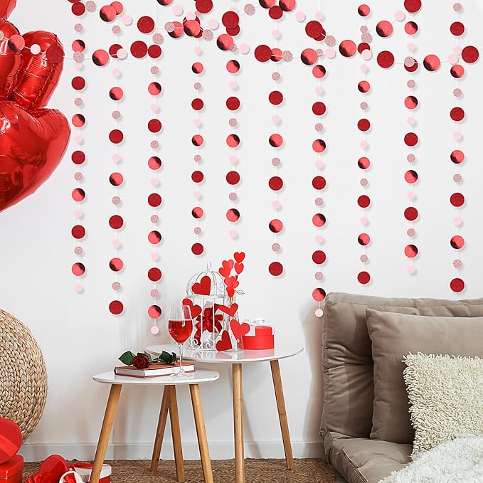 Outus 5 Pieces Red,Pink Round Dots Garland Graduation Party Hanging Decor Each Length 13.1ft Glitter Paper Dot Streamers for Birthday Wedding Classroom Supplies
