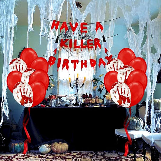 Leesoot 16pcs 12inch Red + Blood Handprint Balloons + Have a Killer Birthday Party Banner for Halloween Bloody Party Spooky Party Terror Decoration Zombie Vampire Party