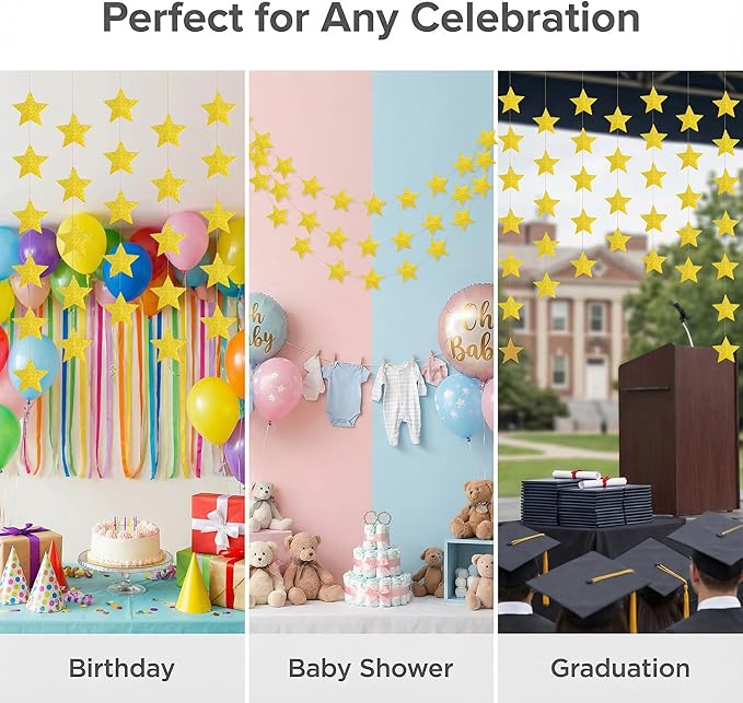 Glitter Gold Iridescent-Star-Garland 90FT – 240 Pcs Sparkling Star Streamers – Hanging Glitter Star Banner Backdrop for Birthday, Baby Shower, Wedding, Christmas Party Decorations (6 Packs)