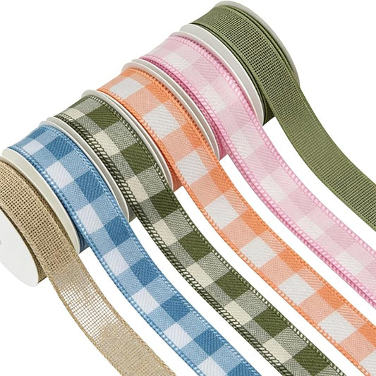 Meseey 1 Inch Plaid & Burlap Wired Ribbon, 6 Rolls Total 30 Yards, Buffalo Check Ribbon for Gift Wrapping, Wreath Making, Crafts, Floral Arrangements, Holiday Decor