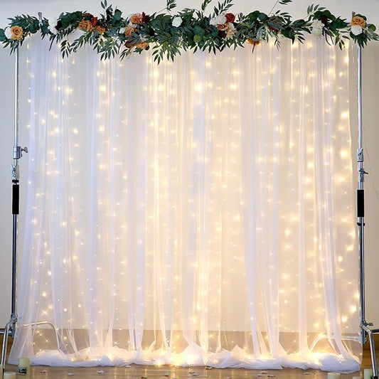 10×15ft White Tulle Backdrop Curtain with Lights String for Parites Sheer Fabric Backdrop Curtains White Curtain Backdrop for Wedding Baby Shower Birthday Party Bridal Shower Photo Shoot Background
