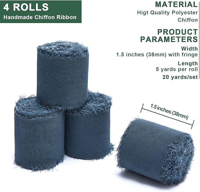 4 Rolls Dark Dusty Blue Handmade Fringe Chiffon Silk Ribbon 1.5" W x 5Yd Per Roll,Frayed Edges Ribbon Set for Gifts Wrapping,Wedding Invitations,Bouquets,DIY Crafts (1.5" x20Yd, Dark Dusty Blue)