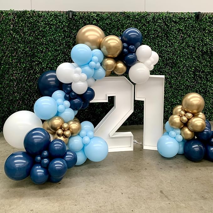 Retro Navy Blue Gold and White Balloons, 12inch Pastel Dark Light Blue White Latex Balloons with Metallic Chrome Gold Party Balloon for Boy Birthday Bridal Baby Shower Graduation Party Decorations