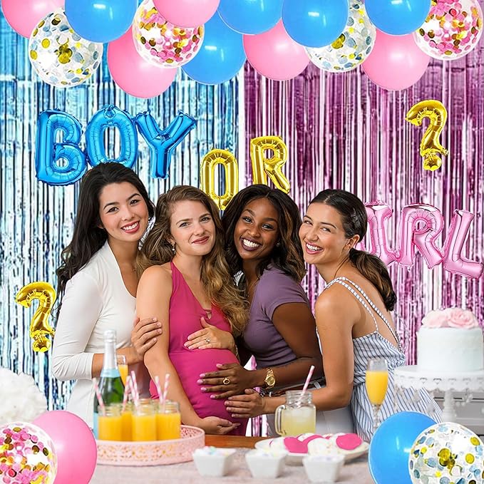 Gender Reveal Party Supplies Kit, Pink and Blue Balloons, Boy or Girl Foil Balloons, Tinsel Curtain, Gender Reveal Party Baby Photo Backdrop for Baby Shower Decorations