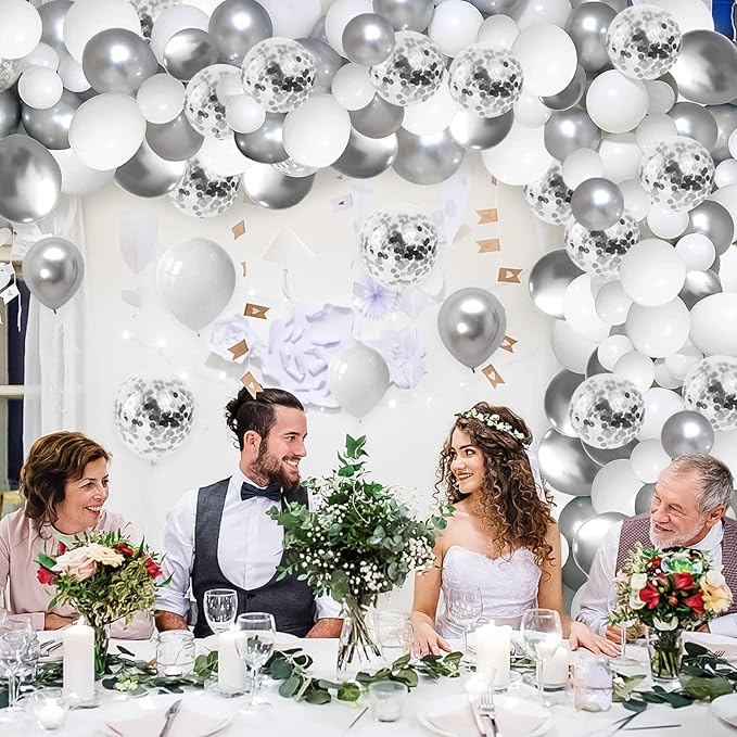 White and Silver Balloons Garland Arch Kit 5"10 Inch 12" White Silver Metallic Confetti Latex Balloons Arch Set for Christmas Winter Wonderland Birthday Baby Shower Wedding Party Winter Decor