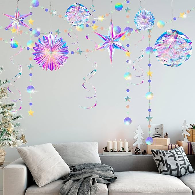 29 Pieces Iridescent Holographic Party Supplies Kit with Hanging Honeycomb Ball Decorative Paper Fan Snowflake Garlands White Star Hanging Swirl Decorations for Birthday Wedding Party Home