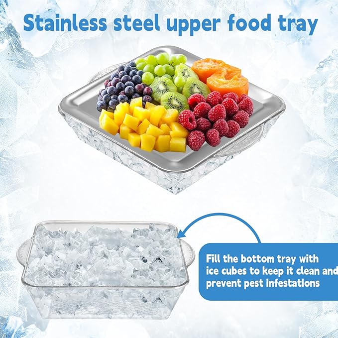 2 Sets 9" Chilled Serving Tray with Compartments Ice Chilled Charcuterie Platter Serving Cold Dish for Party, Charcuterie Dip Fruit Seafood Vegetable Salad Appetizer Shrimp Cocktail