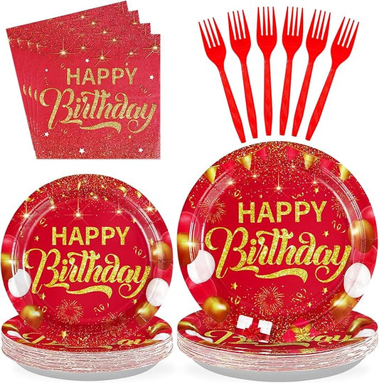 Grencian 96PCS Red and Gold Happy Birthday Decorations Red Gold Party Plates and Napkins Disposable Paper Tableware Set for Birthday Graduation 2026 Wedding Party Supplies, Serves 24