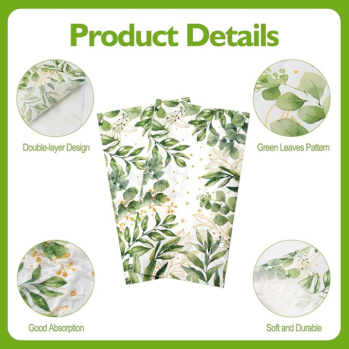Greenery Paper Napkins, 50 Pcs Green Napkins Disposable, Green Guest Eucalyptus Leaf Decorative Dinner Napkin Paper Hand Towels for Bathroom Wedding Birthday Graduation Spring Party Decor Supplies
