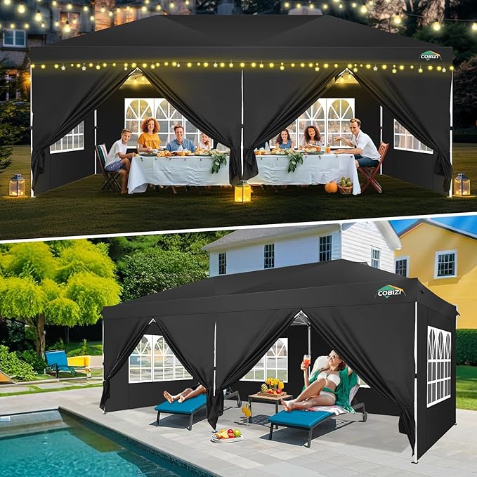 COBIZI 10x20 Pop Up Canopy Tent, One Push Easy Up Gazebo with 6 Removable Sidewalls & Air Vent, Waterproof UV50+ Commercial Canopy with 4 Sandbags, Stakes & Ropes for Parties/Wedding/Backyard, Black
