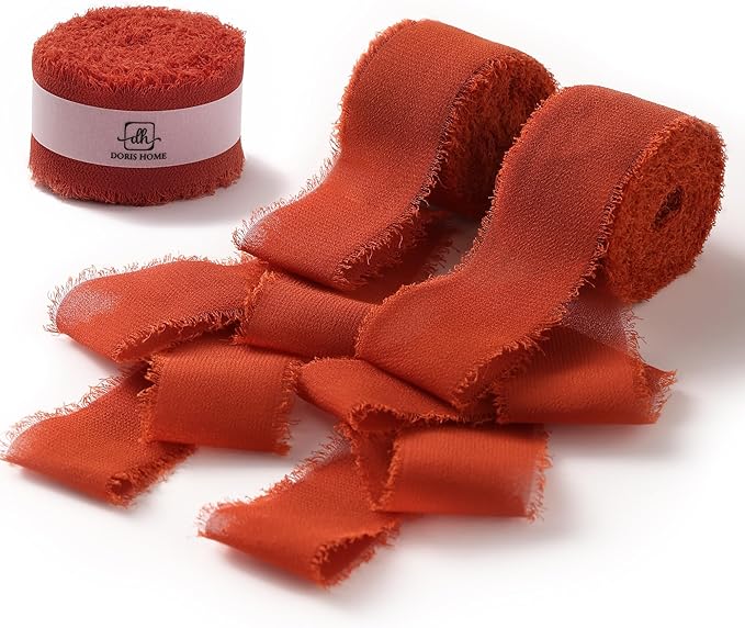 DORIS HOME Terracotta Chiffon Ribbon for Flower Bouquet, 1" x21Yd Fabric Ribbon for Gift Wrapping, Handmade Frayed Ribbon for Wedding Invitations/Christmas Decorations