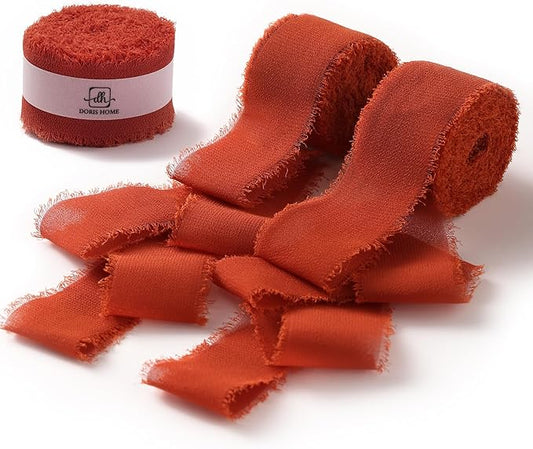 DORIS HOME Terracotta Chiffon Ribbon for Flower Bouquet, 1" x21Yd Fabric Ribbon for Gift Wrapping, Handmade Frayed Ribbon for Wedding Invitations/Christmas Decorations