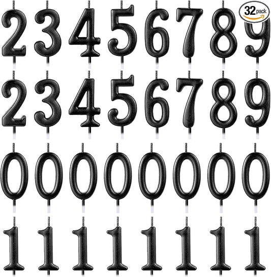 32 Pieces Numeral Birthday Candles Black Cake Glitter Candles Number 0-9 Cake Decoration for Child's Milestone Birthday Celebration Ten-Year Milestone Anniversary Party Celebration (Black)