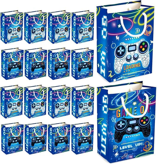 WERNNSAI Video Game Party Favor Bags - 16 PCS Blue Game Birthday Decorations Gift Bags Gaming Party Supplies Video Game Goodie Bags with Handle for Birthday Supplies