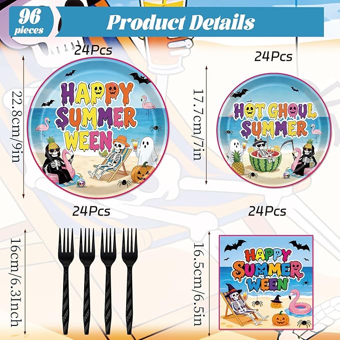 Gameza Happy Summer ween Party Decorations, 96PCS Summer Halloween Disposable Paper Plates and Napkin Decorations, Halloween in Summer Forks Decor for Hawaii Themed Hallows' Eve Ghost Supplies