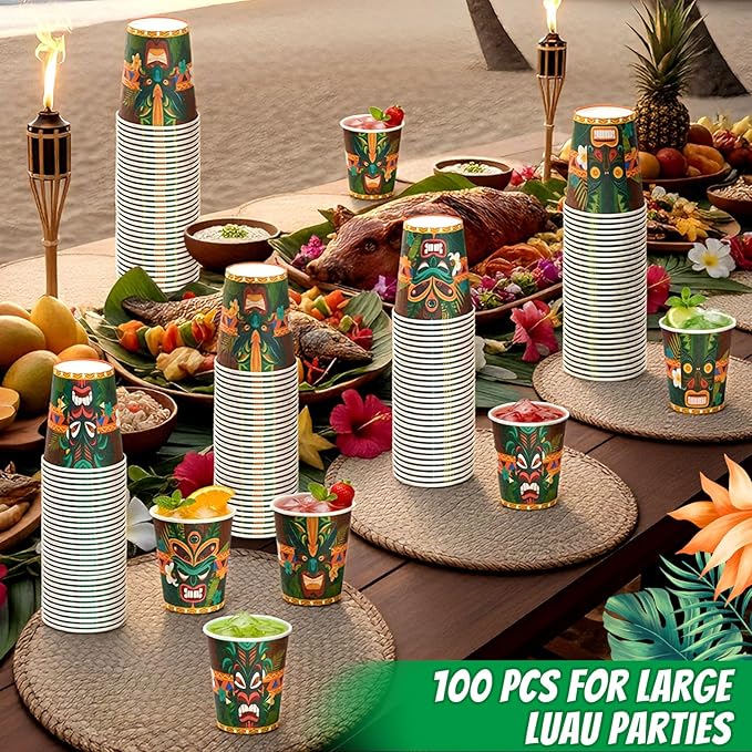 100 Pcs Tiki Cups 9 oz Disposable Tiki Bar Cups Bulk Vintage Paper Hawaiian Luau Party Decorations for Kids Adults Beach Summer Swimming Pool Tropical Aloha Drinking Supplies