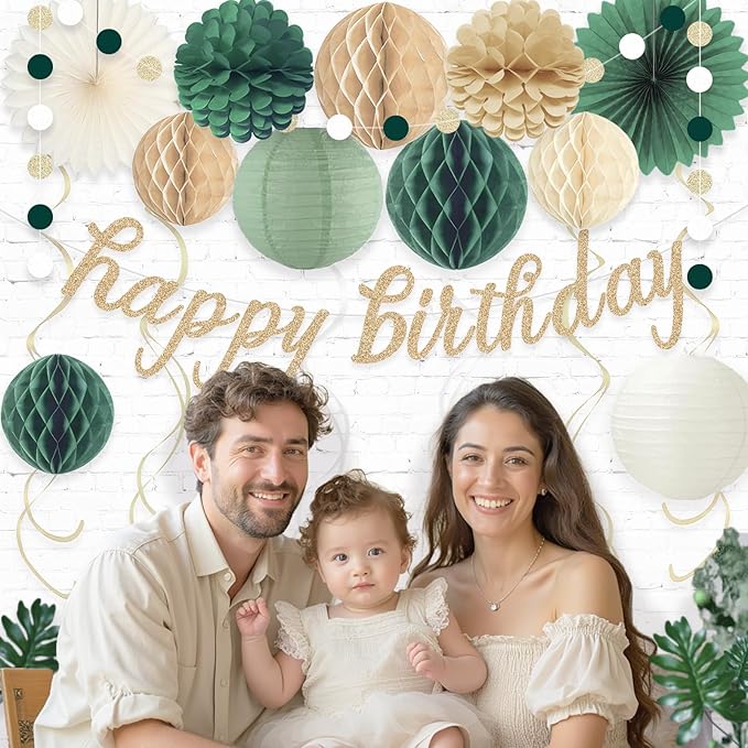 Sage Green Happy Birthday Decorations for Women, Pre-Strung Happy Birthday Banner with Honeycomb Balls, Paper Flowers, Lanterns, Hanging Swirls, Circle Dots Garland for Party Decor 24pcs