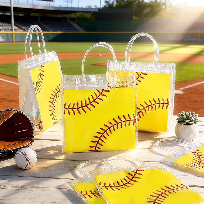 24Pcs Softball Clear PVC Gift Bags with Handles Bulk 8 x 8 x 3In Sport Theme Goodie Treat Candy Bags Softball Team Present Wrap Tote Bag for Boys Birthday Party Favor Baby Shower Decors Supplies