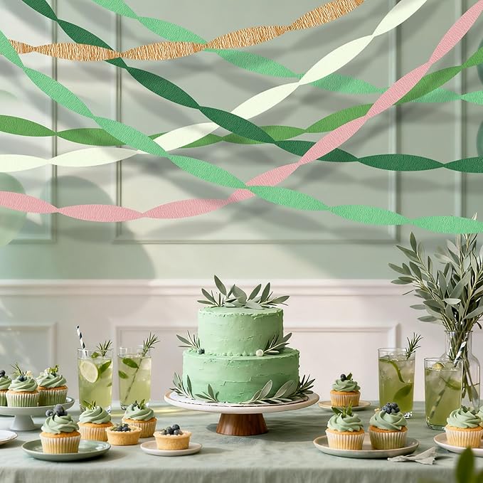 Streamers Party Decorations, 6 Rolls Sage Green Gold Pink Crepe Paper Streamers for Birthday Bachelorette Engagement Baby Shower Wedding Bridal Shower Woodland Jungle Shrek Safari Party Supplies
