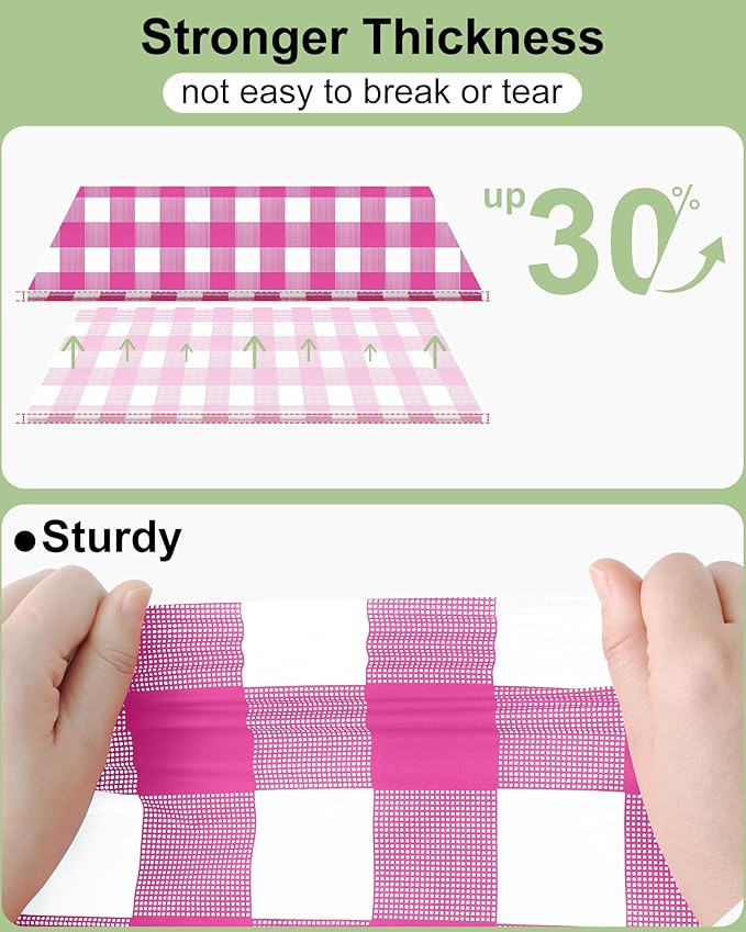 Smiry 12 Packs Gingham Disposable Table Cloth, 54 x 108 Inch Waterproof Plastic Tablecloth, Rectangle Hot Pink and White Checkered Table Covers for Picnic, Birthday, Party