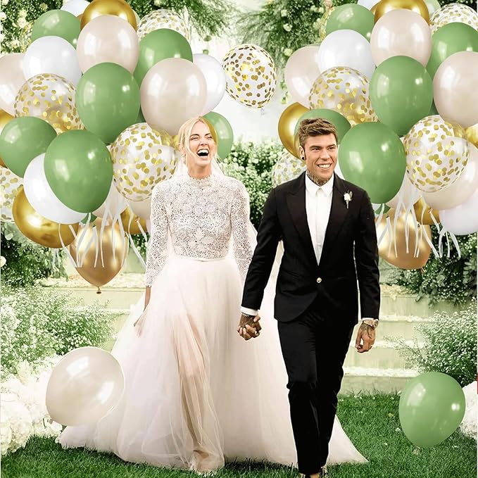 Sage Green White Gold Balloons, 50pcs Olive Green Gold Metallic Sand White Balloons with Gold Confetti Balloons for Wedding Bridal Shower Safari Birthday Party Decorations