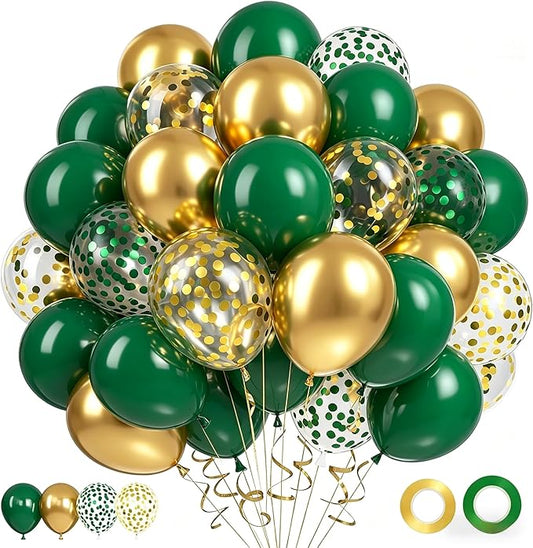 Ouddy Life 71pcs Green and Gold Balloons Set, 12 inch Dark Green and Metallic Gold Confetti Balloons for Birthday Graduation St Patricks Baby Shower Jungle Party Wedding Party Decorations